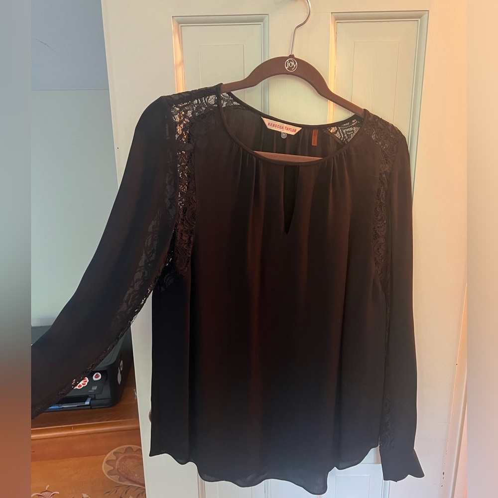 Rebecca Taylor black silk ls top with sheer lace detail size 4